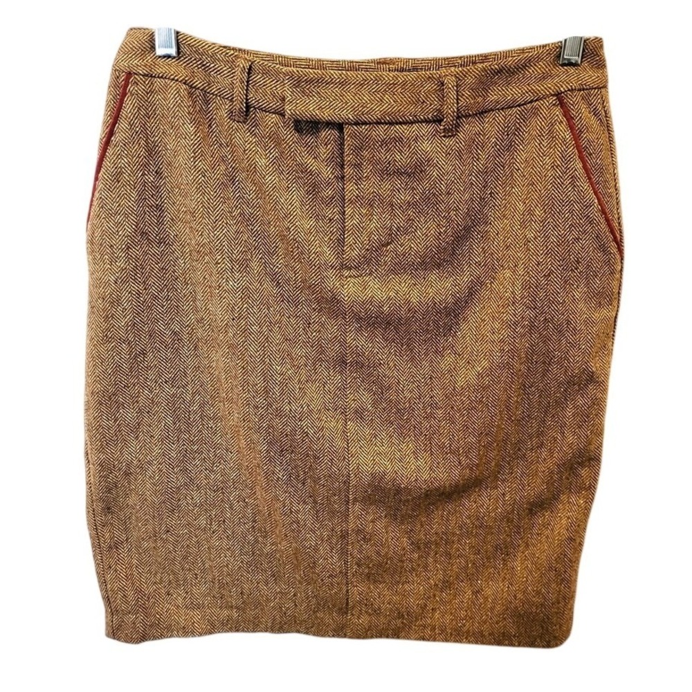 Eddie Bauer Brown Herringbone Wool Silk Blend Pencil Skirt Size 8 Red Piping